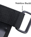 Close-up of stainless buckle and Velcro strap on Universal UTV Roll Bar Fire Extinguisher Holder With Adjustable Velcro Straps Enhanced Stitching Quick Release Buckle Black Plated Hardware Fits Polaris RZR Ranger General 900 1000 XP Maverick X3