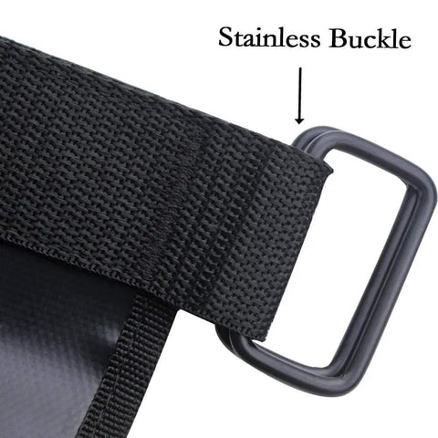 Close-up of stainless buckle and Velcro strap on Universal UTV Roll Bar Fire Extinguisher Holder With Adjustable Velcro Straps Enhanced Stitching Quick Release Buckle Black Plated Hardware Fits Polaris RZR Ranger General 900 1000 XP Maverick X3