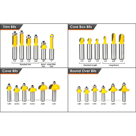 Pro Grade 1/2 Inch Shank Router Bit Set, 70 Piece Carbide Kit For Woodworking, various bits displayed in sets with labels.
