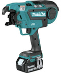 Makita XRT01TK 18V LXT Brushless Cordless Rebar Tying Tool Kit With 5.0Ah Battery, side view showing design and battery.
