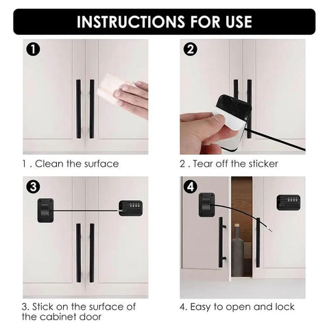 Step-by-step guide for 2 Pack Safety Fridge And Freezer Locks With Password Unlocking, Self Adhesive Childproof Cabinet Locks, no drilling.