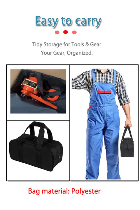 Heavy Duty Manual Lever Chain Hoist With 1.6 Ton Capacity Comes With Storage Bag For Garage, Workshop, And Construction Lifting 5ft Hand Chain Block Hoist shown with tools and gear in a black polyester bag