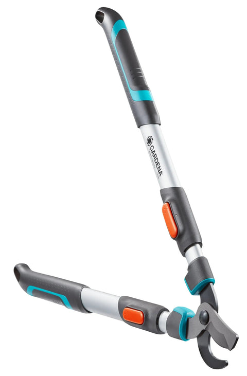 Heavy-Duty Tree Loppers With Steel Blade And 35.5 Inch Handle, Telescoping TeleCut 650-900 B Pruner in open position.
