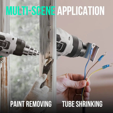 Cordless Heat Gun Kit With 20V Battery Handy Hot Air Gun demo removing paint and shrinking tube with nozzles in use