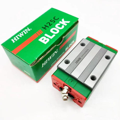 Heavy Duty Linear Block HGH25CA and Linear Guide for CNC Machines, Four Directional Load Capability, Auto Centering, High Precision Square Block, Ready to Install, Custom Length Options, silver HGH25CA block with green HIWIN box