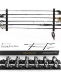 Wall and ceiling mount fishing rod rack with rubber band clamp technology holds six rods and two gear hooks for garage storage.