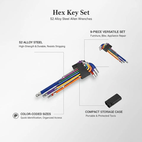 Durable S2 Alloy Steel Hex Key Set With Multicolor Allen Wrenches For Furniture Assembly And Mechanical Repair Tasks That Never Slip Or Bend The Best 9-Piece Kit You Need To Get Stuff Done Fast, 9-piece color-coded set with case