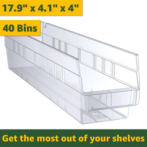 Premium Heavy Duty Garage Storage Rack With Forty Clear Slanted Bins And Commercial Metal Wire Shelving Unit For Workshop Warehouse Tools with clear bin dimensions 17.9" x 4.1" x 4".