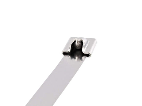 Close-up of Heavy Duty 15 Inch 316 Stainless Steel Cable Tie end showing locking mechanism and durable design for industrial use