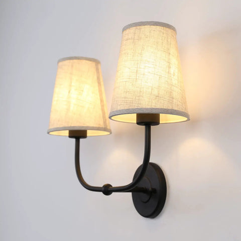 Two Light Wall Sconces With Funnel Linen Fabric Shades Vintage Modern Metal Wall Lamps for Bedroom Living Room Vanity