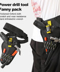 Man wearing adjustable belt drill holster with heavy duty design quick access impact driver carrier multi pocket tool bag.