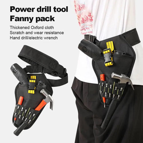 Man wearing adjustable belt drill holster with heavy duty design quick access impact driver carrier multi pocket tool bag.