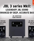 Two 305P MkII 5 Inch 2-Way Active Studio Monitors with Image Control Waveguide display alongside JBL studio subwoofer