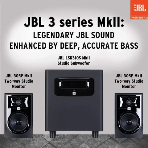 Two 305P MkII 5 Inch 2-Way Active Studio Monitors with Image Control Waveguide display alongside JBL studio subwoofer