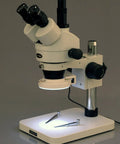 Pro Grade Trinocular Stereo Zoom Microscope With Long Working Distance, 10X Super Widefield Eyepieces, Adjustable Interpupillary, Pillar Stand, Great For Circuit Boards And Dental Appliances, Ideal For Precise Inspection And Manipulation. cream trinocular stereo zoom microscope on pillar stand with LED light