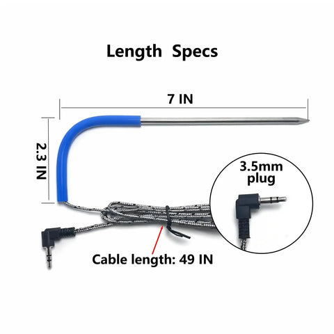 Upgraded 2 Pack Meat Probes For Pellet Grills With 3.5mm Plug Replacement Parts shown with dimensions and cable