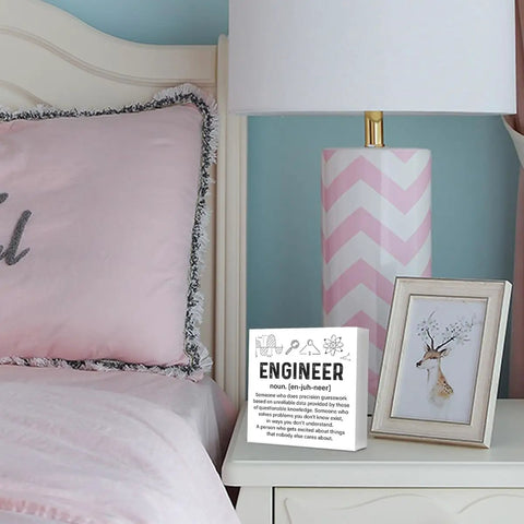 Engineer Decor Wooden Box Sign For Home Office Shelf Or Table Nerdy Yet Cool Gift Against Bedroom Lamp on Nightstand