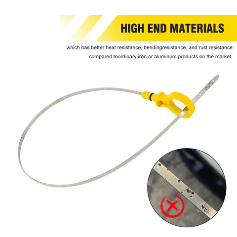 Dipstick Replacement For 2.0L EcoBoost Engines OEM CJ5Z-6750-A shown with yellow handle and high-quality stainless steel material