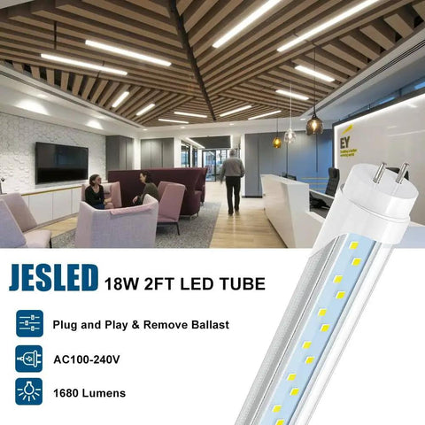 2Ft T8 LED Tube Light 12W 30W Equivalent 1680LM 6000K Ballast Bypass Dual Ended Fluorescent Bulb Replacement 24In 4 Pack