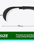 Heavy Duty Weeding Sickle Machete Garden Tool With Thick Carbon Steel Blade For Brush Clearing displaying size dimensions 13 by 5.4 inches.