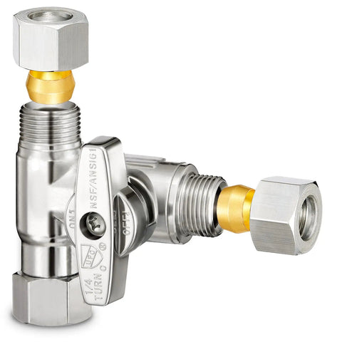 Three Eighths Inch Brass Compression Angle Stop Valve with Tee Connector for Water Supply Lines Dishwasher and Commercial Sink Faucets