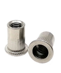 Grab These 20 Flat Head Threaded Insert Nuts Made Of Top Grade 316 Stainless Steel For Super Durable Corrosion Resistance In Any DIY Metalworking Or Home Improvement Project Right Now - close-up of two flat head threaded insert nuts