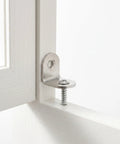 90 Degree Stainless Steel L Bracket Set For Bookshelves And Furniture Reinforcement, installed on a wooden frame with screw