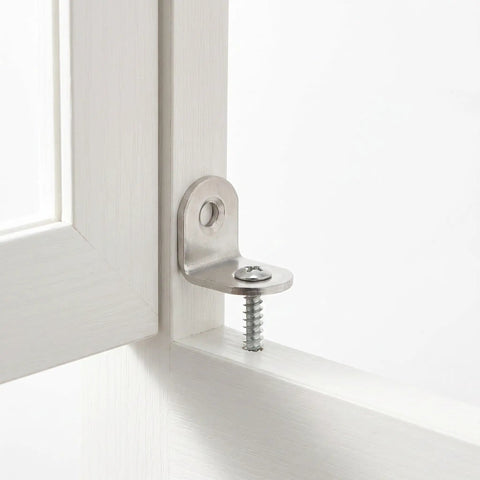 40Pcs Stainless Steel Right Angle Shelf Brackets With Screws Set Thickened 90 Degree Corner Supports on wood surface silver