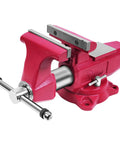 Pro Grade Heavy Duty 5 Inch Bench Vise With Anvil And 360 Degree Swivel Base Built Tough For Real World Shop Use, 5 Inch Jaw Width And Opening, Pipe Jaws From One Quarter Inch To Two And A Half Inches, 86,000 PSI Ductile Iron, pink bench vise