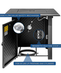 28 Inch Propane Fire Pit Table With 50000 BTU Steel Burner showing inside mechanism with excess flow valve and magnetic door lock
