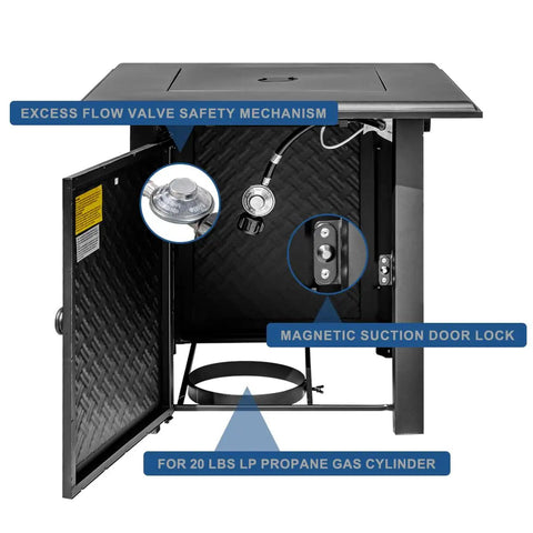 28 Inch Propane Fire Pit Table With 50000 BTU Steel Burner showing inside mechanism with excess flow valve and magnetic door lock