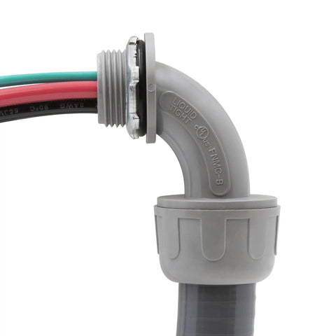 Close-up of Beefy 3/4 Inch Liquid Tight Non-Metallic PVC Conduit Cable Whip Kit with 90-degree connector, suitable for outdoor use