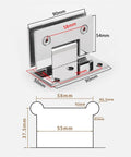Heavy Duty Stainless Steel Frameless Glass Shower Door Hinge Two Way Pivoting Silent Closure 90 Degree Range dimension details