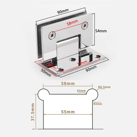 Heavy Duty Stainless Steel Frameless Glass Shower Door Hinge Two Way Pivoting Silent Closure 90 Degree Range dimension details