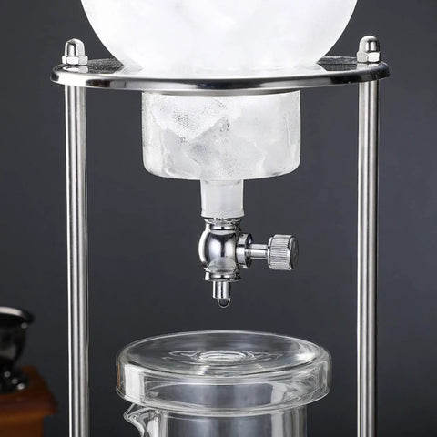 Smooth Chill Cold Brew Drip Tower Stainless Steel and Borosilicate Glass Coffee Maker adjustable slow drip mechanism with ice.