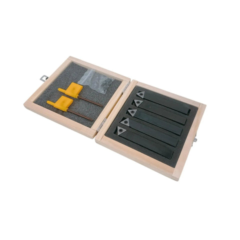 Rock Solid Set of Five 1/2 Inch Indexable Carbide Lathe Turning Tool Bits With Chip Breaker Inserts For Precision Metalworking And Heavy Duty DIY Projects Right Left Threading Plus Angled Styles in wooden storage box, showing tools.