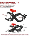 Close-up of beefed-up U lock holder clamp for heavy duty bike locks, all metal mount dimensions, fits 0.94 to 1.3 inch tubes.