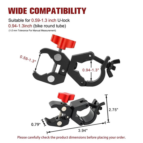 Close-up of beefed-up U lock holder clamp for heavy duty bike locks, all metal mount dimensions, fits 0.94 to 1.3 inch tubes.