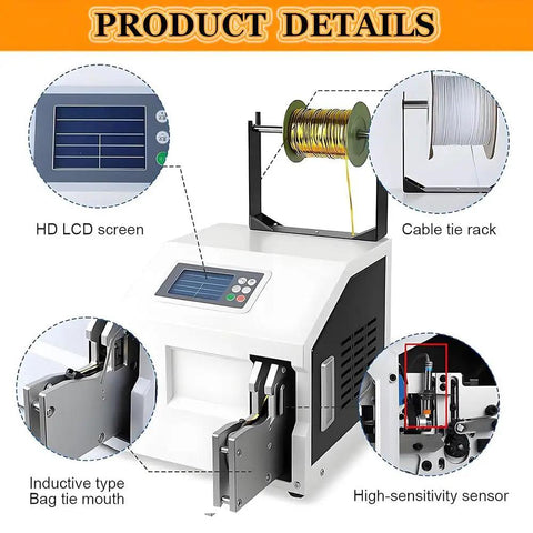 Dead Simple Automatic Twist Tie Machine With Five Shiny Gold Metallic Wire Rolls, featuring HD LCD screen and cable tie rack.