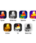 Various thermal imaging color palettes displayed with Nano 200 Thermal Camera for iPhone and iOS with USB C Connector.