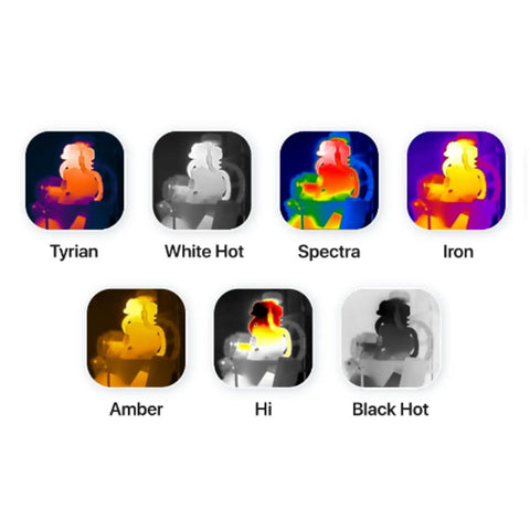 Various thermal imaging color palettes displayed with Nano 200 Thermal Camera for iPhone and iOS with USB C Connector.
