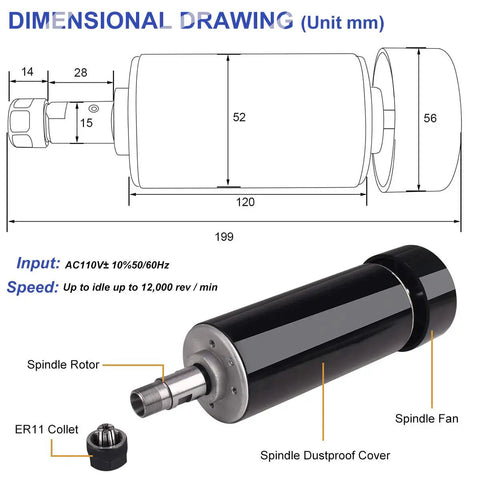 Diagram of the Beefy 500W Air Cooled CNC Spindle Kit With 52mm Mount Clamp, illustrating dimensions and components.
