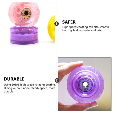 Close-up of Glitter Purple 82A Quad Roller Skate Wheel with 608RS bearing, part of 4 Pack PU Replacement Wheels for outdoor indoor use