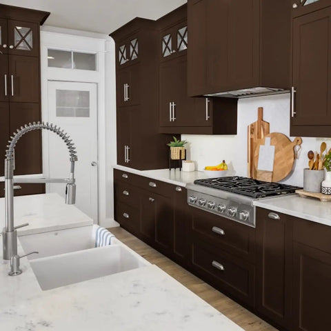 All In One Cabinet Paint Kit Cocoa Couture For A Quick Easy DIY Kitchen Makeover With Brush And Roll Application Delivers Rich Espresso Brown Finish In A Day applied on kitchen cabinets