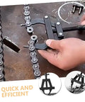 Heavy Duty Motorcycle Chain Tensioner Tool Slick Gear Adjuster Fastener for Shop and Garage Work, showing a hand using a steel chain tool.