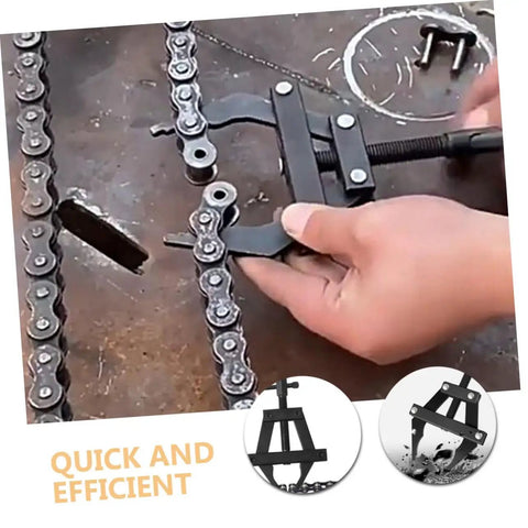 Heavy Duty Motorcycle Chain Tensioner Tool Slick Gear Adjuster Fastener for Shop and Garage Work, showing a hand using a steel chain tool.