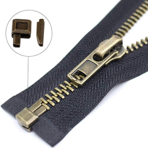 Close-up of 24 Piece Metal Zipper Latch Slider Retainer Kit In Three Colors With Size 3 5 8 10 Insertion Pins Zipper Bottom Stopper
