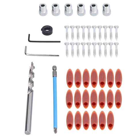 Pro Grade Oblique Pocket Hole Jig Kit with components for woodworking, including screws, drill bits, and positioners for drawers and wardrobes.