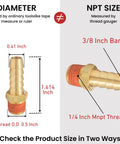 Diagram of 2 Pack Brass Air Hose Barb Fittings Adapter Set Three Eighths Inch Barb To One Quarter Inch NPT Male Pipe Connectors with dimensions.