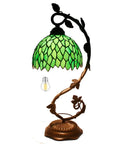 Green Tiffany Style Stained Glass Desk Lamp With Wisteria Pattern, 21 Inch Tall Table Light, Metal Leaf Base In Bronze Finish, UL Listed